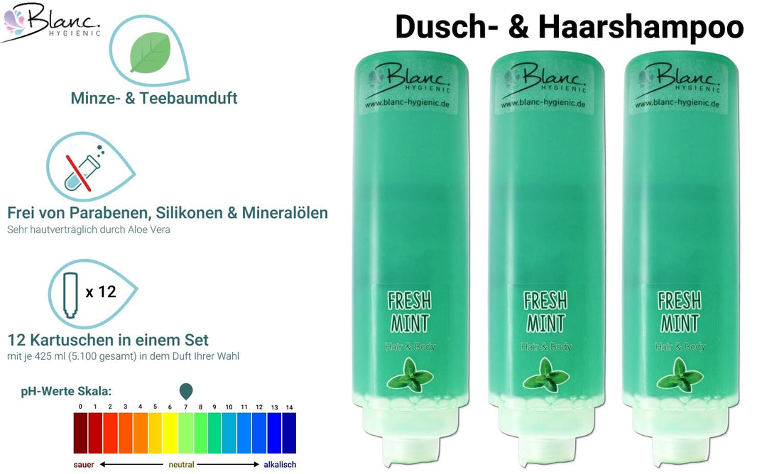 SET Hair & Body Fresh Mint 12x425 ml + 4 Halter Chrom | 12x425 ml Hair & Body, 4 Spenderhalter Chrom