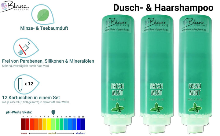 SET Hair & Body Fresh Mint 12x425 ml + 4 Halter Chrom | 12x425 ml Hair & Body, 4 Spenderhalter Chrom