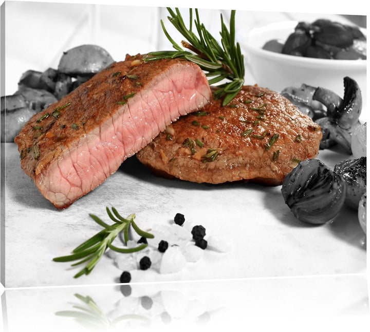 saftiges Medium Steak schwarz/weiss Format: 100x70 auf Leinwand, XXL riesige Bilder fertig gerahmt m