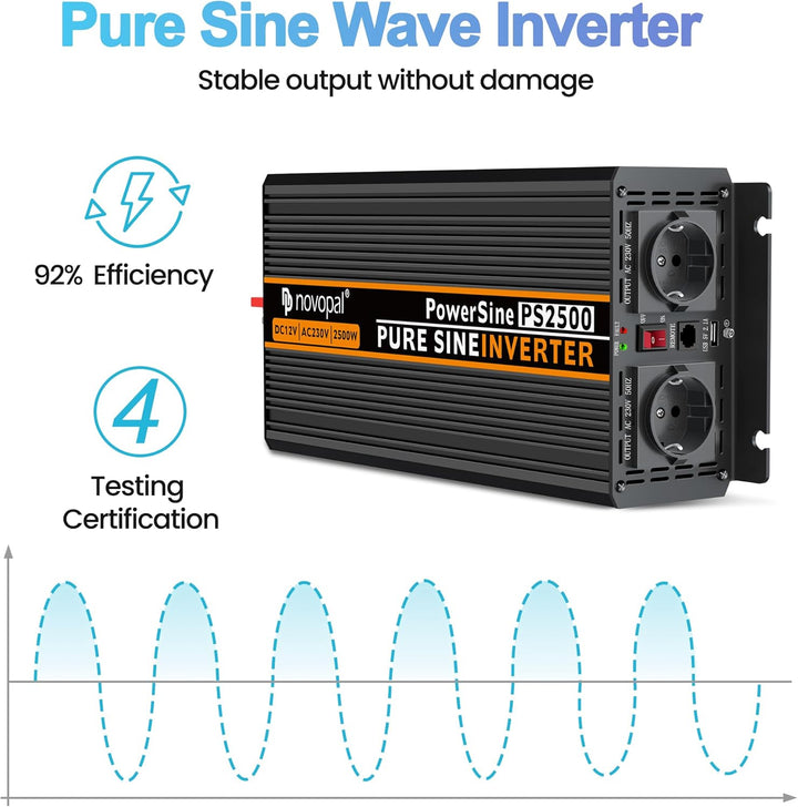 NOVOPAL 2500W Wechselrichter 12v Auf 230v Reiner Sinus Spannungswandler mit 2 EU-Steckdose und Einer