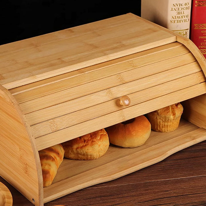 Brotkasten Holz, Brotkästen aus Bambus, 40 x 27 x 16,5 cm, Brotbox aus Holz mit Rolldeckel, Aufbewah