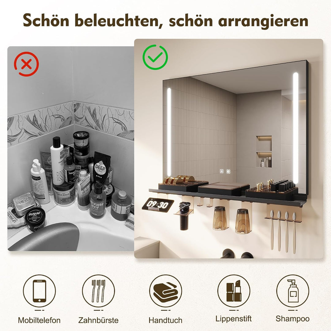 SONNI Badezimmerspiegel mit Beleuchtung 70x50 cm, LED Badspiegel mit Ablage 70cm, 3 einstellbare Lic