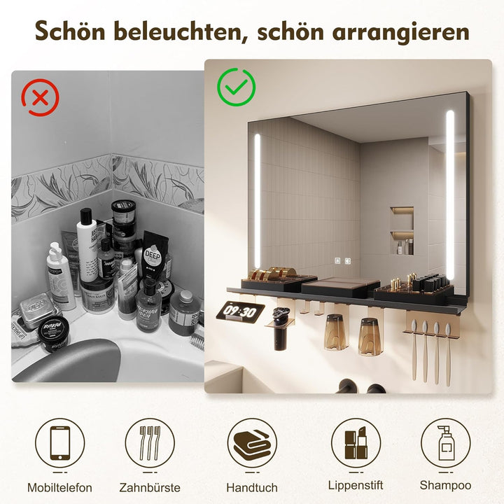 SONNI Badezimmerspiegel mit Beleuchtung 70x50 cm, LED Badspiegel mit Ablage 70cm, 3 einstellbare Lic
