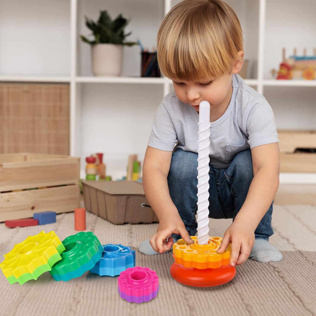35cm Stapelturm mit Drehfunktion, Regenbogen-Stapelringe Spielzeug für Kinder, Zweifarbige drehende