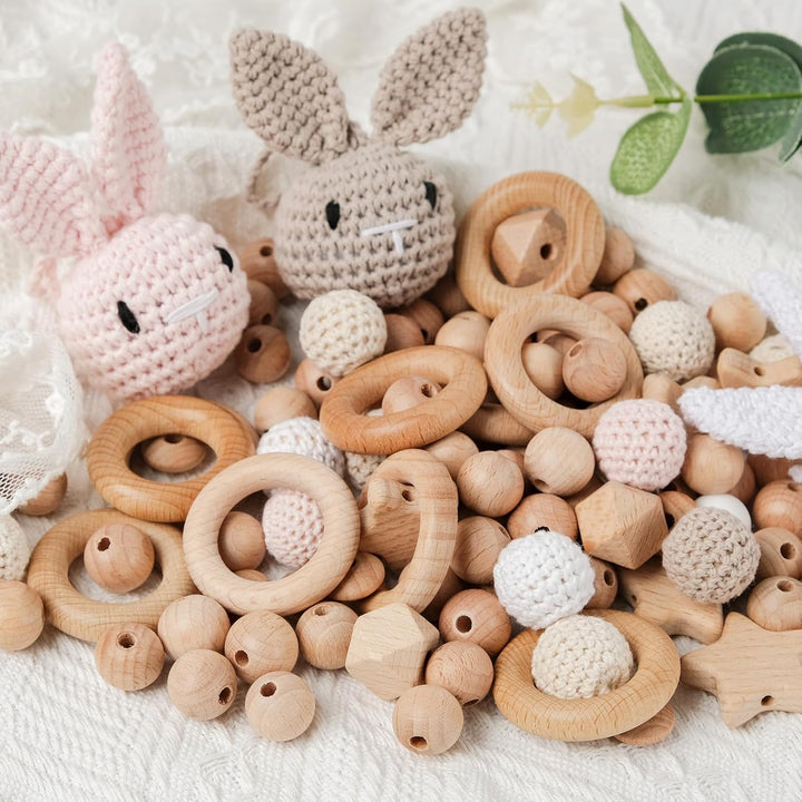 ARTREE Holzperlen und Ringe Set, 113 Stück Buche Runde Holzperlen mit Fädelloch, Makramee Perlen DIY