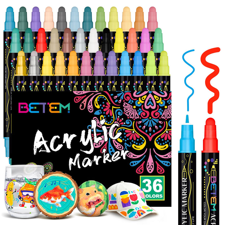 Betem 36 Farben Acrylstifte für Steine Wasserfest mit Doppelspitze, Acrylmarker für Holz, Leinwand,