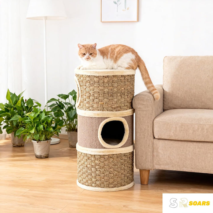 SOARS Kratztonne für Katzen, 70 cm Katzentonne mit 3 Höhlen, Liegefläche und Sisalkratzfläche, Kratz