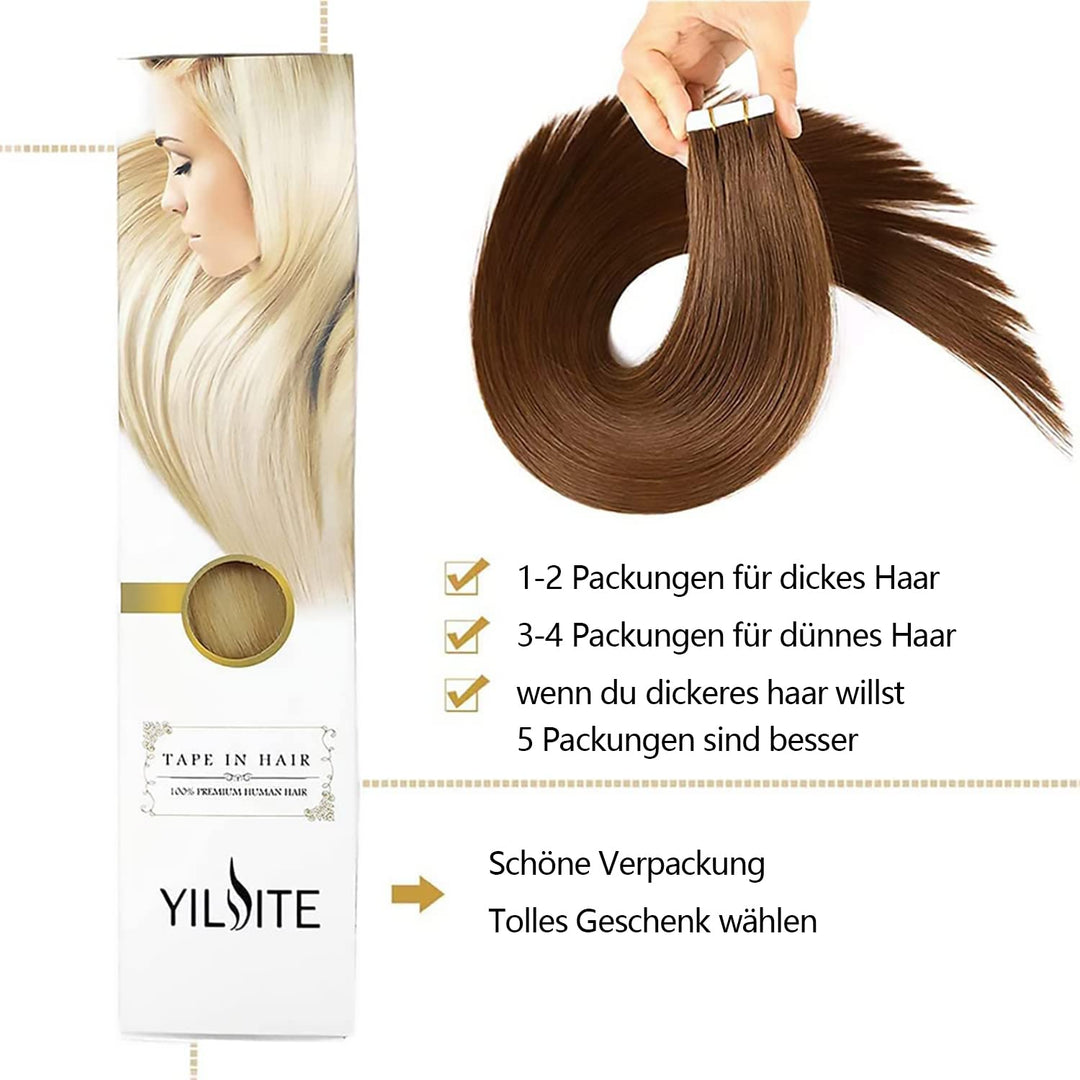 YILITE Tape Extensions Echthaar, Mittel braun 40cm 20 Stück/Packung 40g Tape in Extensions Echthaar