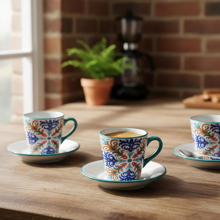 Baroni Home Set von dekorierten Keramik-Espressotassen mit Untertassen und Ständer, farbiges und rob