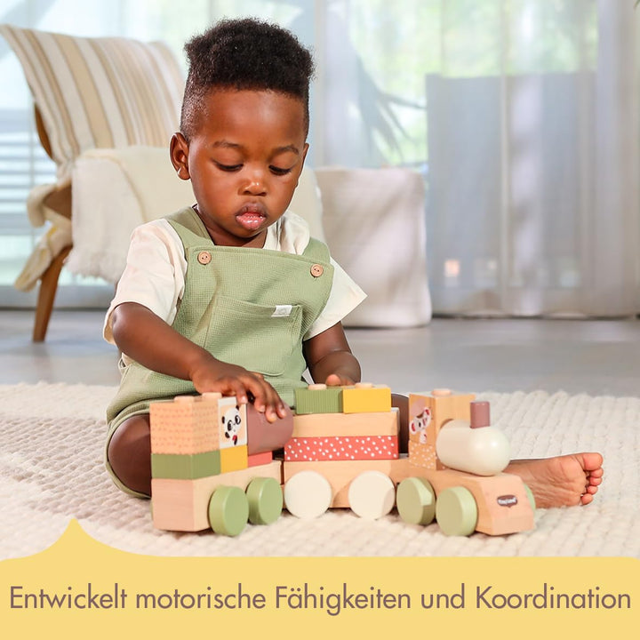 Tiny Love hölzerner Stapelzug, Holzzug Baby, Zug Spielzeug Holz mit 3 Waggons und 14 stapelbaren Spi