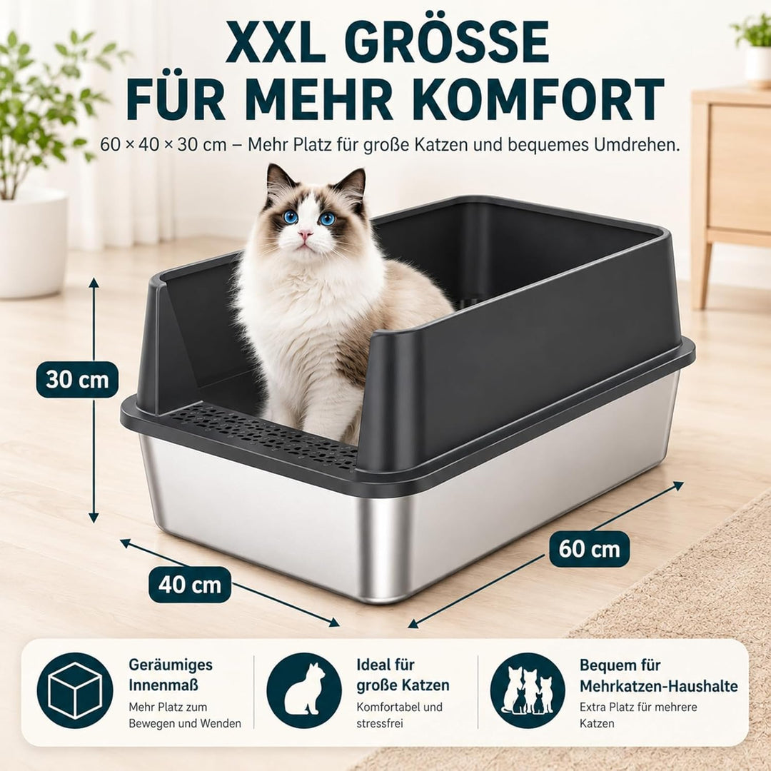 2er Set XXL Katzenklo Edelstahl 60×40×30 cm (37 L) – hoher Rand offene Katzentoilette Edelstahl für
