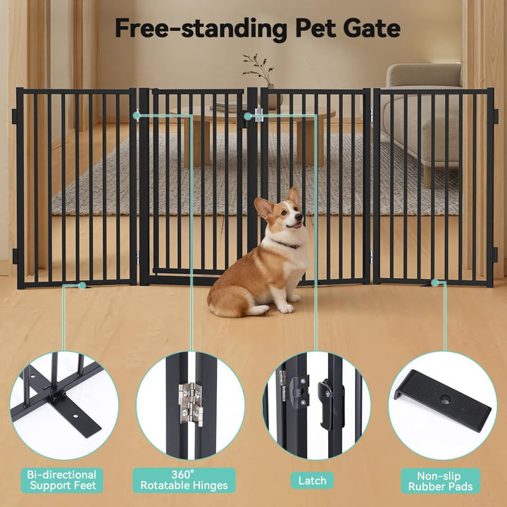 COMOMY Metall Hundegitter Freistehend mit Tür, 203cm Extra Breit Absperrgitter Hund Wohnung, 81cm Ho