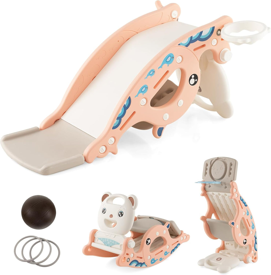 DREAMADE 4 IN 1 Kinder Rutsche mit Schaukelpferd & Basketballkorb & Ringwurfspiel, Kinder Spielplatz