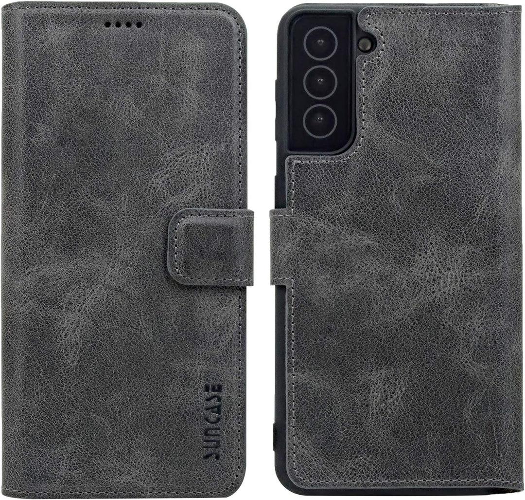 Suncase Book-Style Hülle kompatibel mit Samsung Galaxy S22 5G Leder Tasche (Slim-Fit) Lederhülle Han