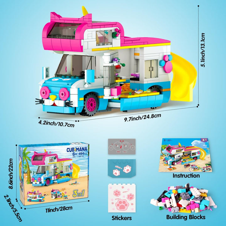 3-in-1 Wohnmobil Bausteine Spielzeug, Campingbus Wohnwagen Konstruktionsspielzeug mit Rutsche und Au