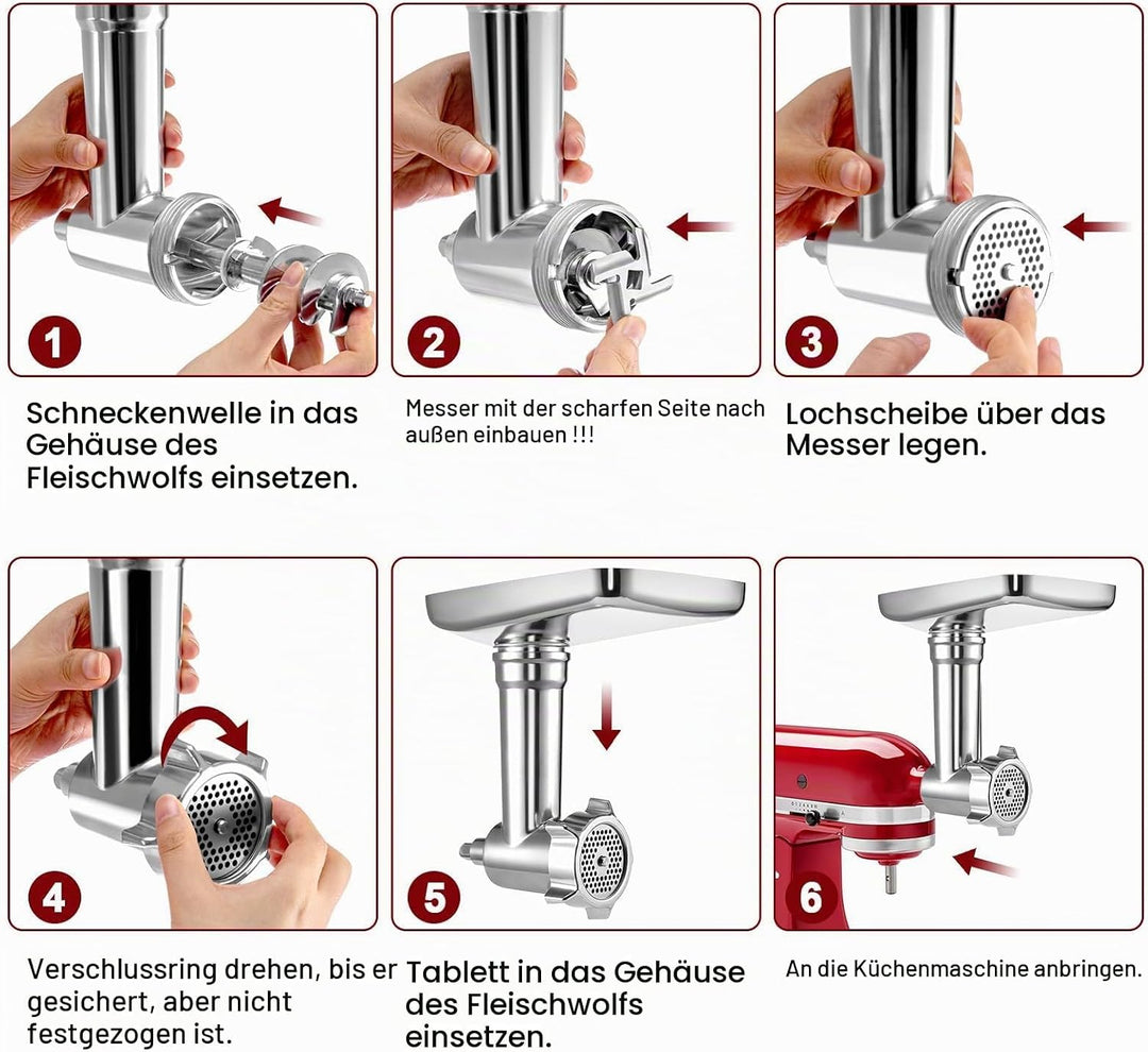 Fleischwolf Aufsatz für KitchenAid Küchenmaschinen mit 3 Wurstfüllrohren, 4 Mahlscheiben, 2 Messern,