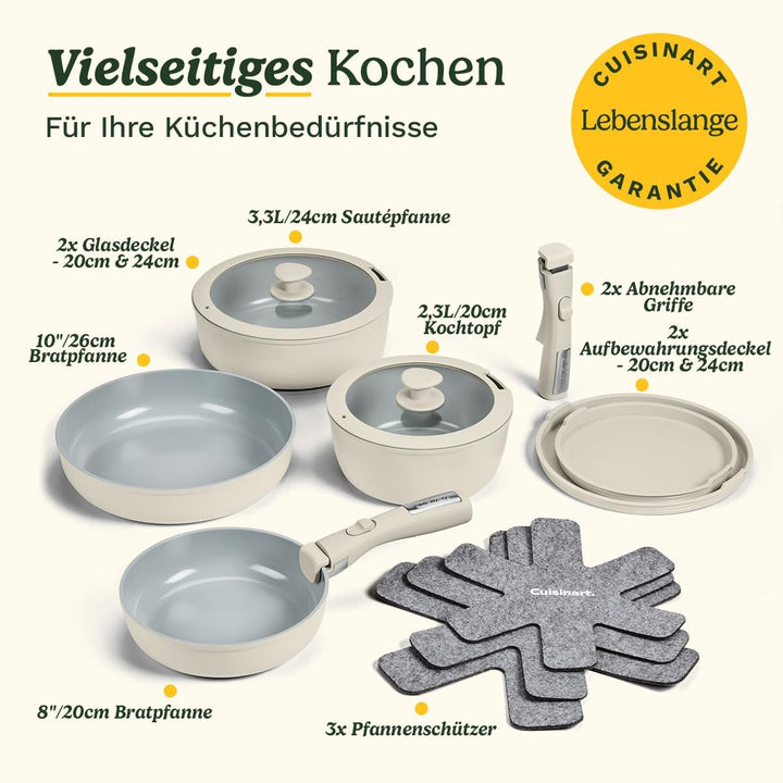 Cuisinart ClickSmart Antihaft‑Kochgeschirr‑Set mit abnehmbarem Griff, 13‑teilig, stapelbar, Keramikb