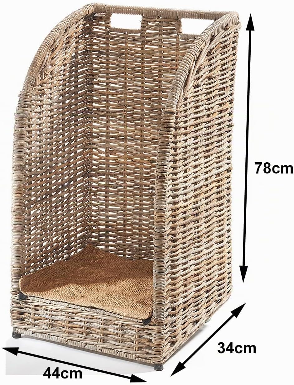 Kobolo Kaminholzwagen aus Rattan, Kubu Grey mit Leinenstoff, 44x34x 78 cm, robuste &amp; stilvolle Holza