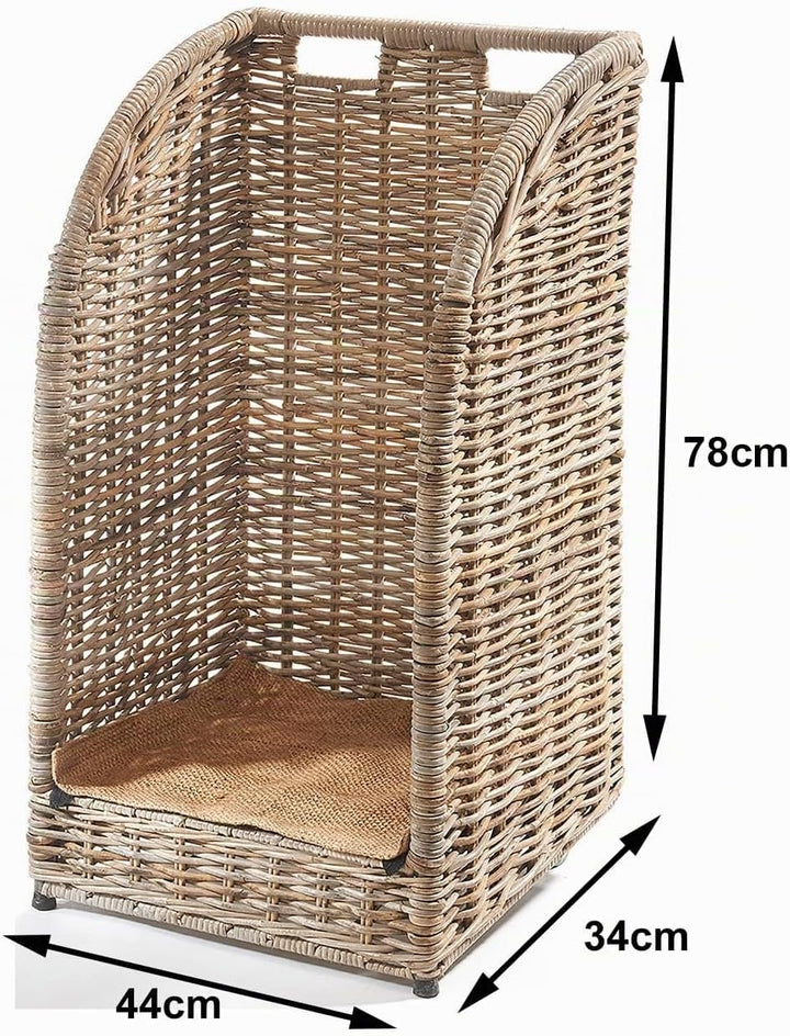 Kobolo Kaminholzwagen aus Rattan, Kubu Grey mit Leinenstoff, 44x34x 78 cm, robuste &amp; stilvolle Holza