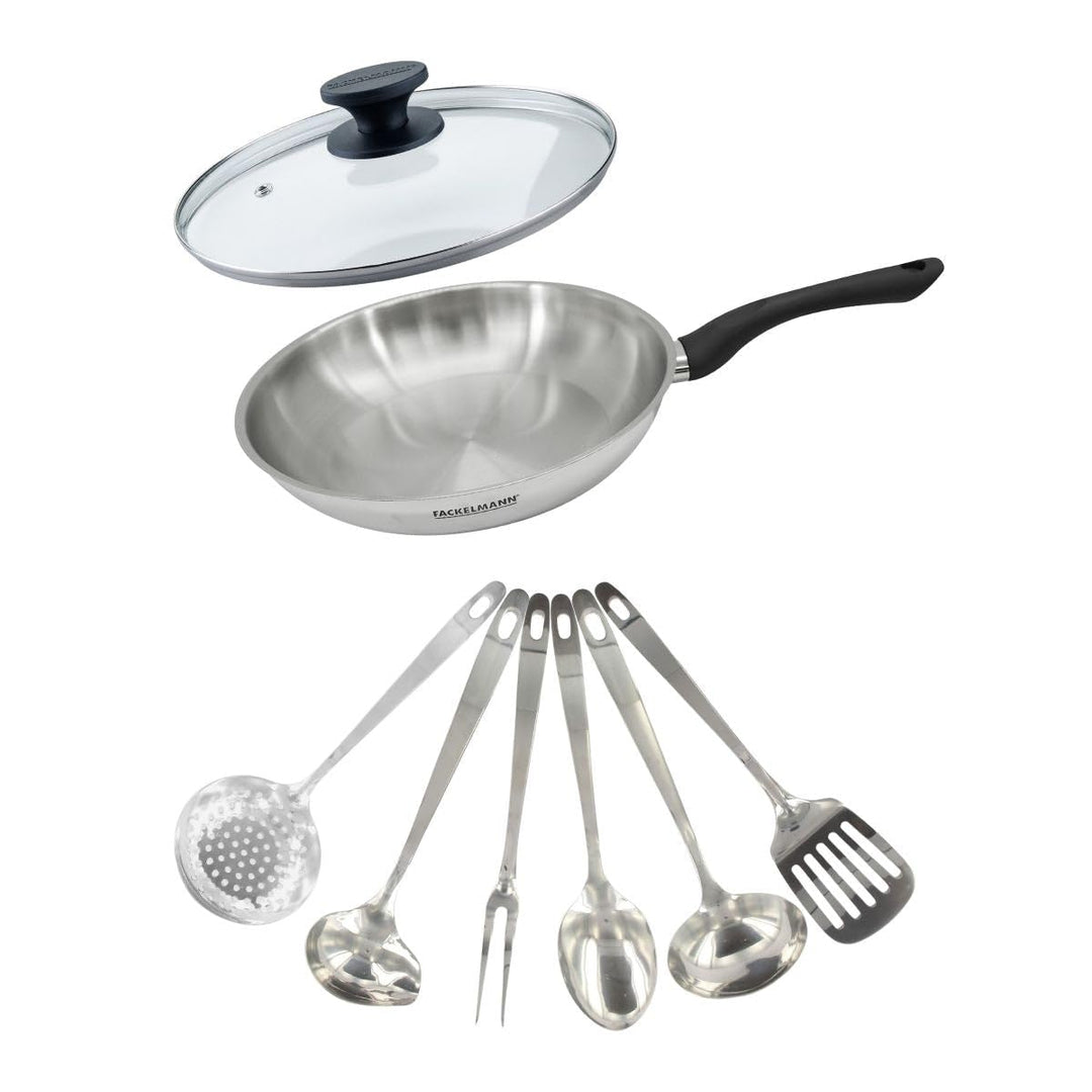Fackelmann 9445550 Pfannenset 28 cm aus Edelstahl 18/8, Glasdeckel und 6 Edelstahlutensilien, Bratpf
