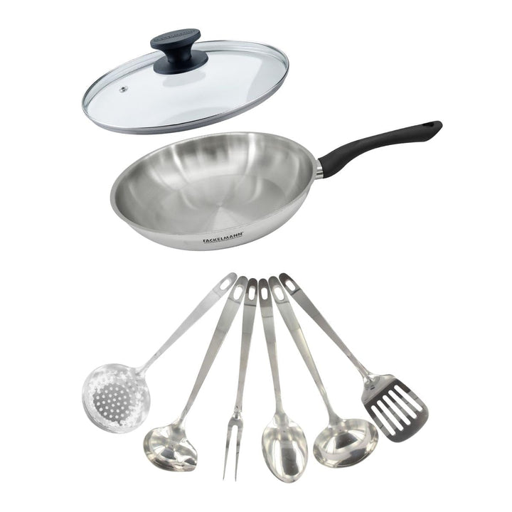 Fackelmann 9445550 Pfannenset 28 cm aus Edelstahl 18/8, Glasdeckel und 6 Edelstahlutensilien, Bratpf