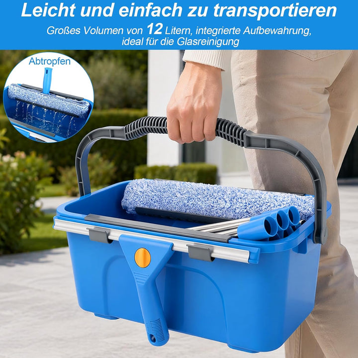 Fensterputzer Set, 3,25m Profi Teleskopstange Fensterreinigung mit Fensterputzeimer 12L, Fensterrein