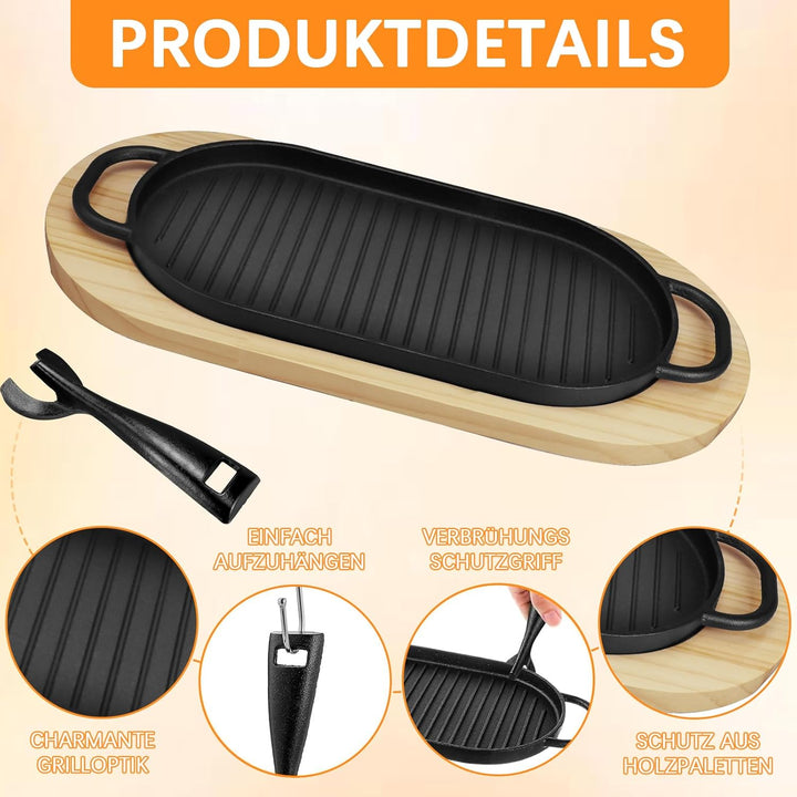 2er-Set Gusseisen Servierpfännchen mit Holzunterlage, 30 x 16 cm Oval Grillpfanne Serviergusseisen,