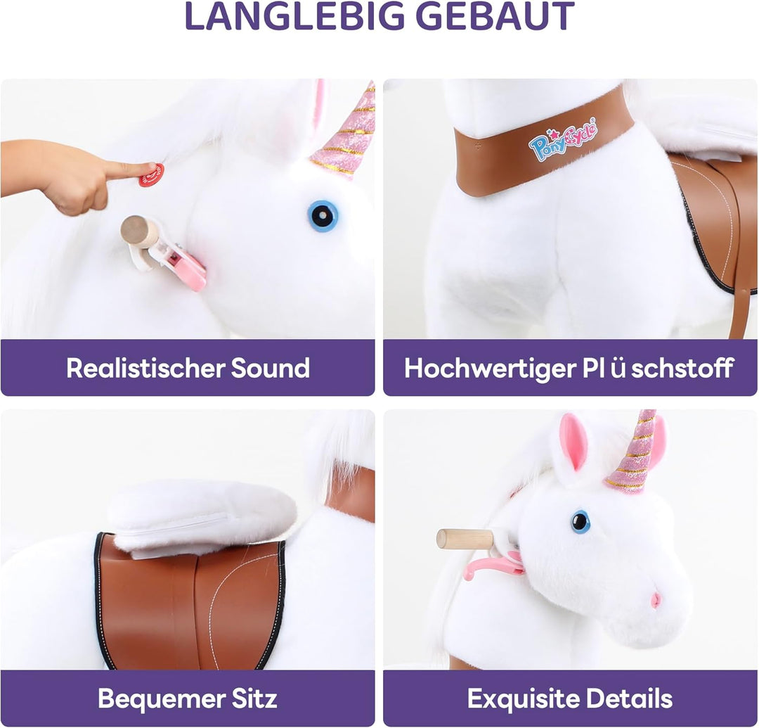 PonyCycleEinhorn Reitpferd für Kinder 3-4 Jahre, 76cm Hoch, Spielpferd mit Handbremse und Klang, Wei