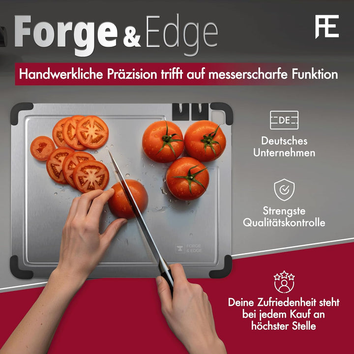 FORGE & EDGE Schneidebrett Edelstahl - Premium cutting board mit integriertem Messerschärfer, Saftri