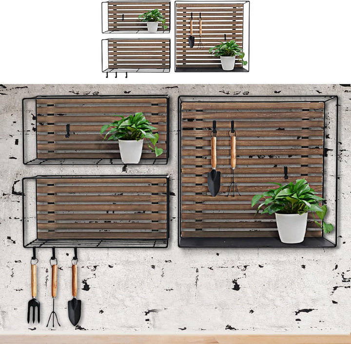 Cepewa Wandregal 3er Set S-Haken │ 2 Grössen Eisen Holz │ Regal Hängeregal Küchenregal Aufbewahrung