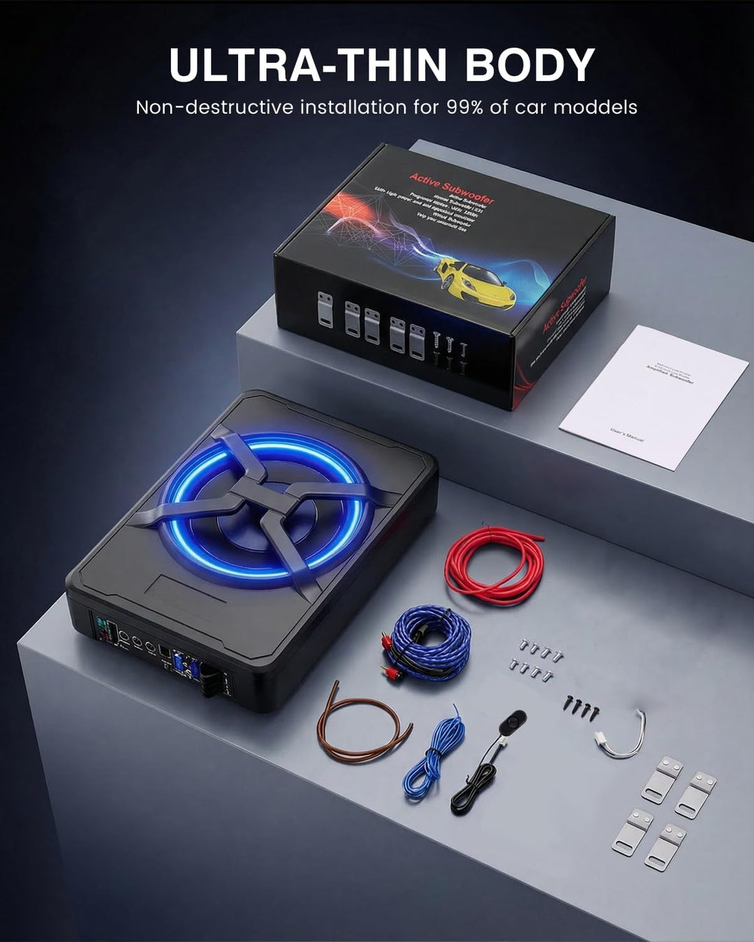 Aktiver Subwoofer für Auto, Passt unter Sitze, Maximale Leistung 1200 W, 10 Zoll, mit Umgebungsbeleu
