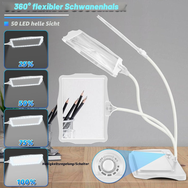 NZQXJXZ 10X Lupe mit Licht und Ständer, Wiederaufladbare 50 LED Flexible Schwanenhals Lupenleuchte,