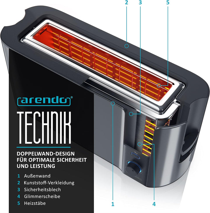 Arendo - Automatik Toaster Langschlitz - Defrost Funktion - Wärmeisolierendes Doppelwandgehäuse - in