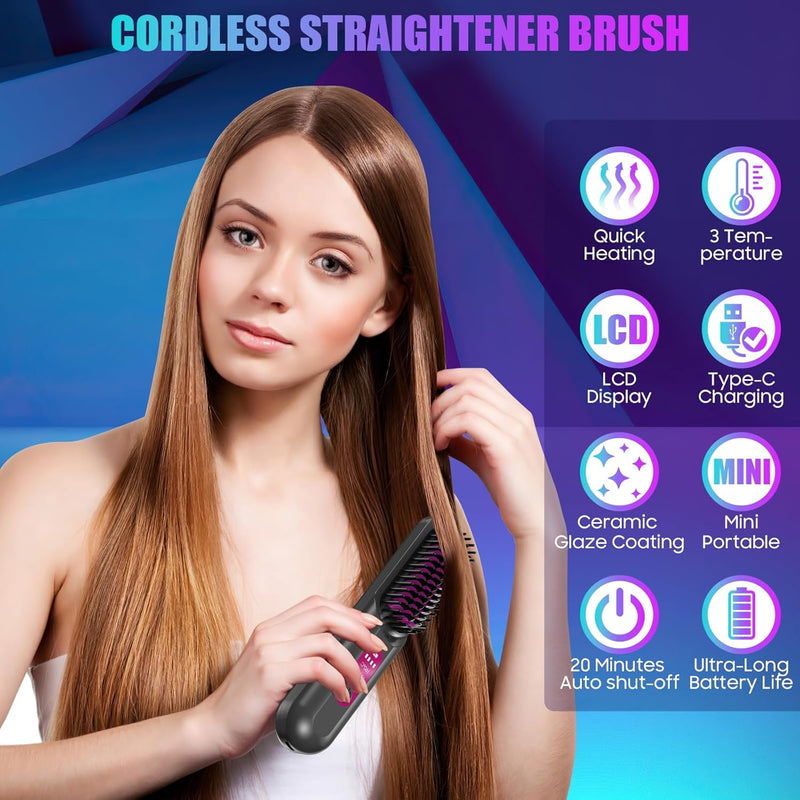 LADYSONS Haarglätter Bürste, 5000mAh Glättbürste Kabellos, Mini Tragbare Glätteisen für Reise, Schne