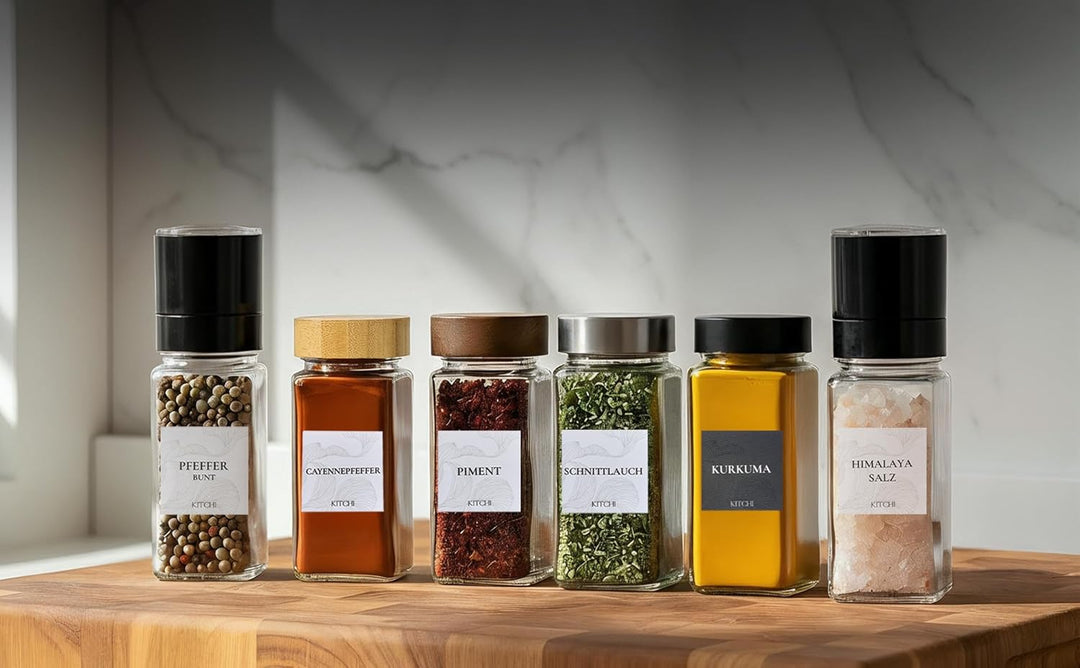 KITCHI Gewürzgläser 24er Set mit 2 Mühlen – Edelstahl Deckel – Eckige Form – 120 ml - luftdicht Silb