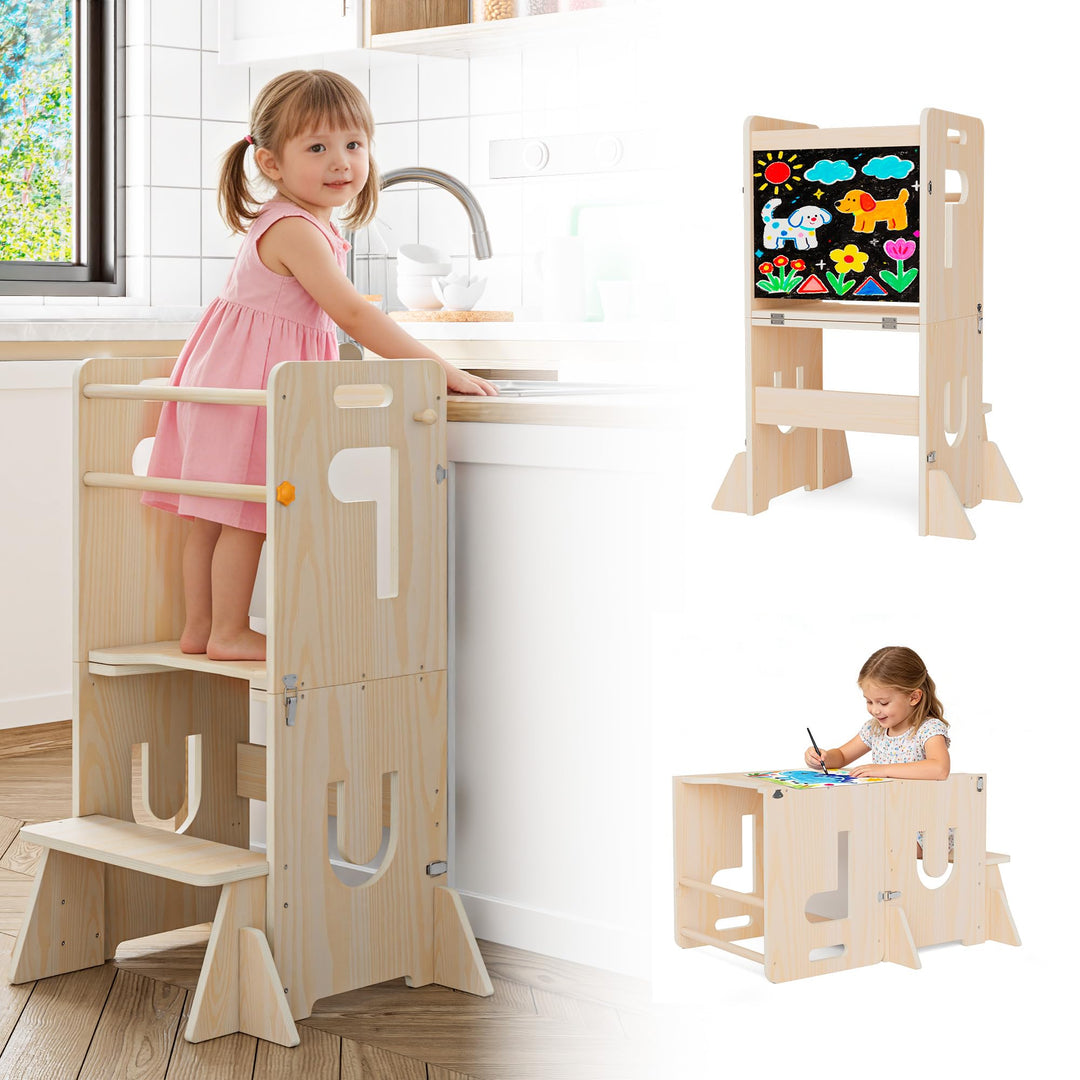 Lernturm für Kinder, klappbarer 3-in-1 Küchenhelfer Tritthocker aus Holz mit Kreidetafel, mit Sicher