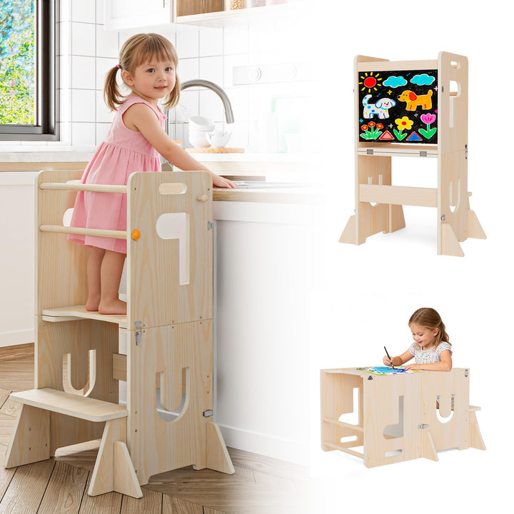Lernturm für Kinder, klappbarer 3-in-1 Küchenhelfer Tritthocker aus Holz mit Kreidetafel, mit Sicher
