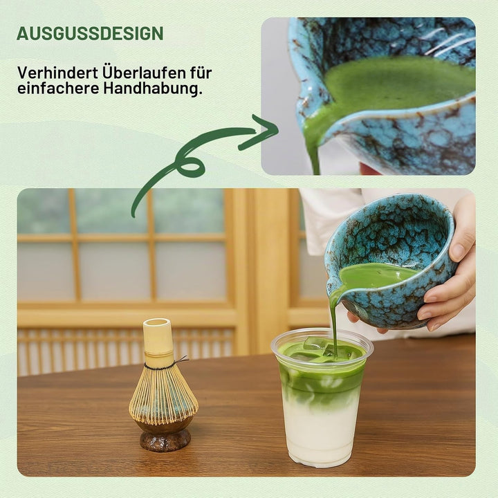 SURFOU Matcha Set 7 Stück, Matcha Schale mit Ausgiesser, Bambus-Schneebesen, Schaufel, Besenständer,