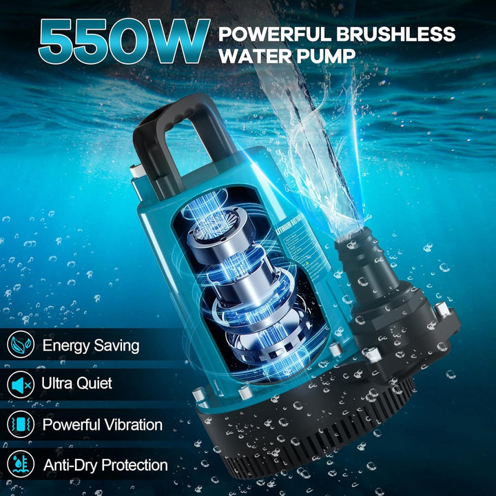 Akku Tauchpumpe Wasserpumpen mit 21V 2000 mAh, Klarwasserpumpe Tauchwasserpumpe mit Sicherheitsdecke