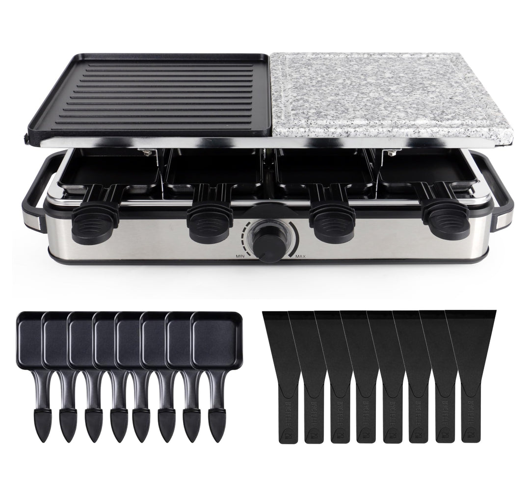 8 Personen Raclette Set - Tischgrill inkl. Pfännchen & Schaber - Grillplatte & Steinplatte antihaftb