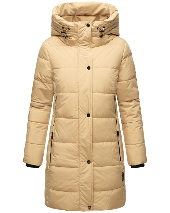 MARIKOO Damen Wintermantel Warmer Steppmantel lang mit Kapuze und hohem Kragen Karumikoo XVI XS-3XL