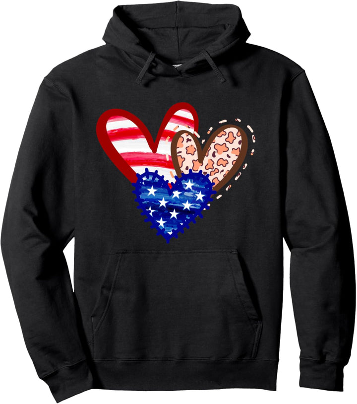 American Flag Hearts 4th of July Cute Graphic Pullover Hoodie