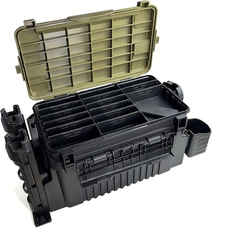Angelkoffer Gross 11L zweistöckig Angelbox mit zwei Rutenhaltern und Becherhalter stossfest Angelkis