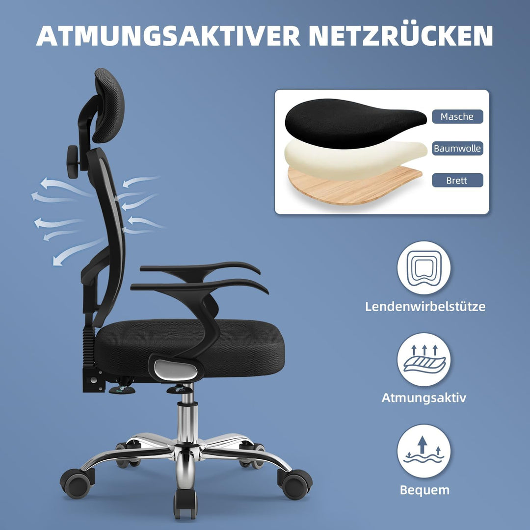 Bürostuhl, Schreibtischstuhl Bürostuhl ergonomisch, höhenverstellbare Rückenlehne, Drehstuhl mit Ver