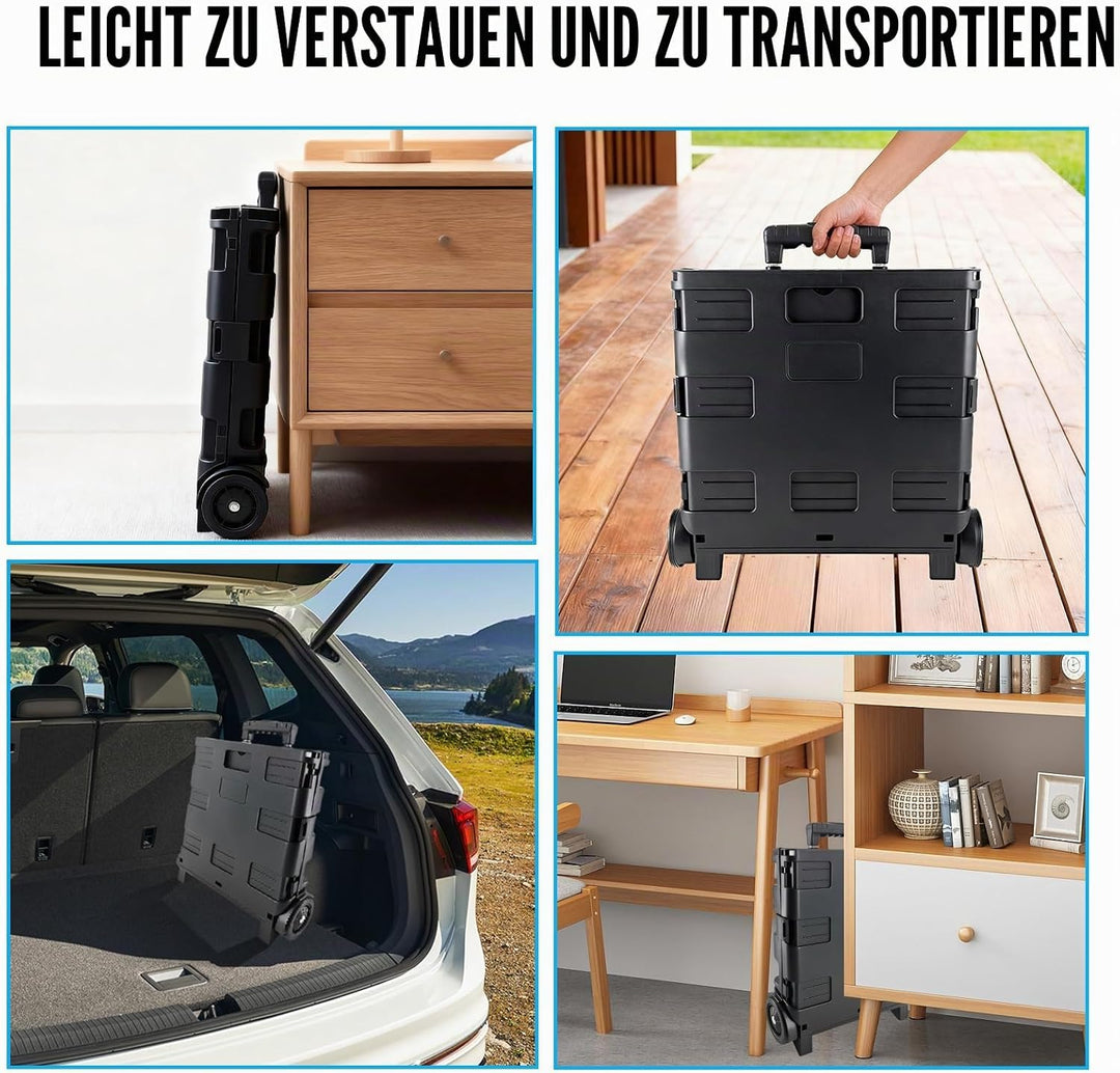 Faltbarer Einkaufstrolley mit Deckel,45 L Volumen, 2 Rollen &amp; höhenverstellbarer Griff, Klappbox mit