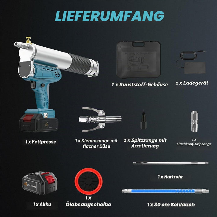 Akku Fettpresse, 12000 PSI Elektrische Fettpresse Kit mit Akkus, 30cm Schlauch, LED-Licht, 4,9 oz/mi