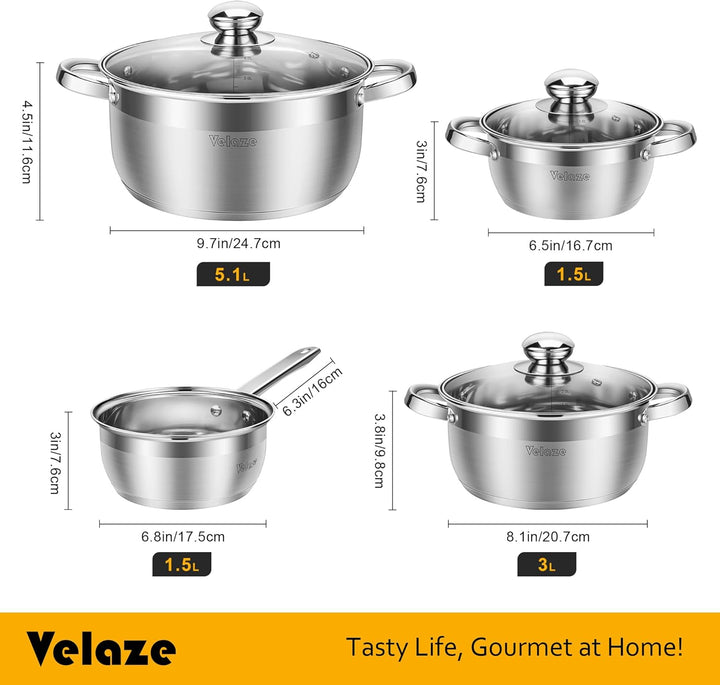 Velaze Töpfe Set, Topf Induktion mit Deckeln, 7-teilig Kochtopf Set aus Edelstahl, PFOA frei, Klassi