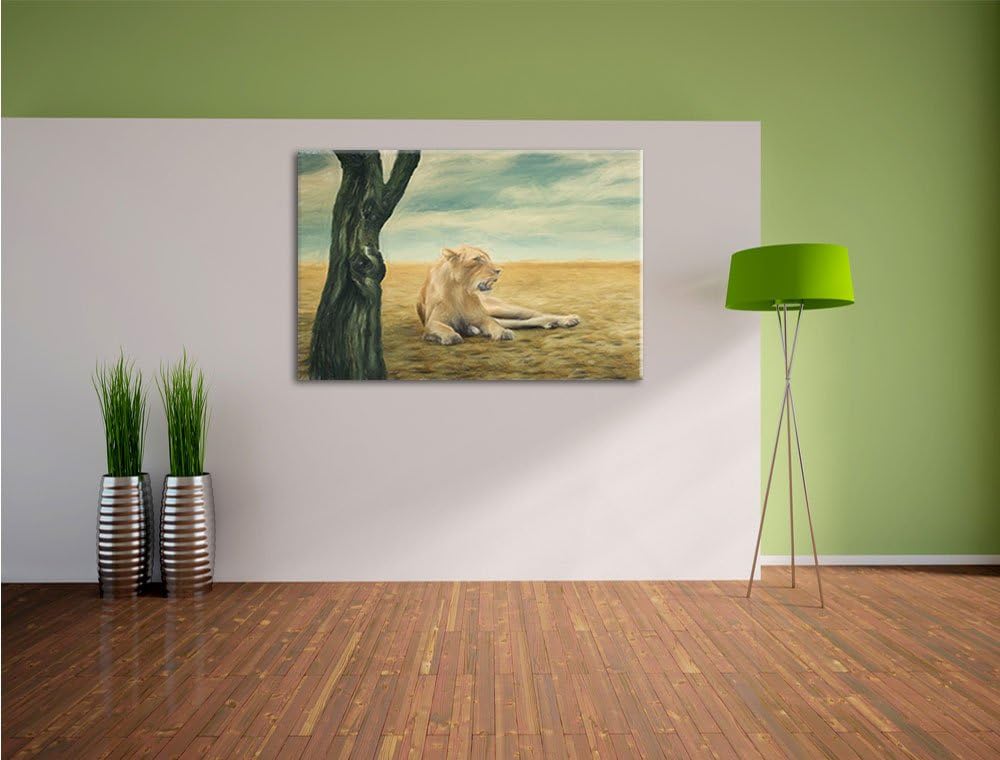 Pixxprint Löwin Ruhe Savanne als Leinwandbild/Grösse: 100x70 cm/Wandbild/Kunstdruck/fertig bespannt,