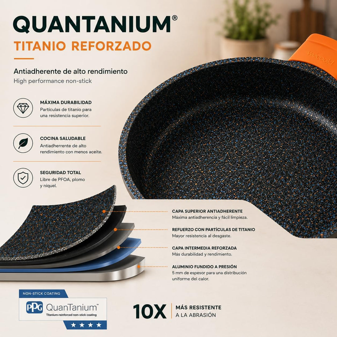 WECOOK! Ecochef Titan Niedrige Kochtopf 30cm Induktion mit Glasdeckel, Antihaftbeschichtung QUANTANI