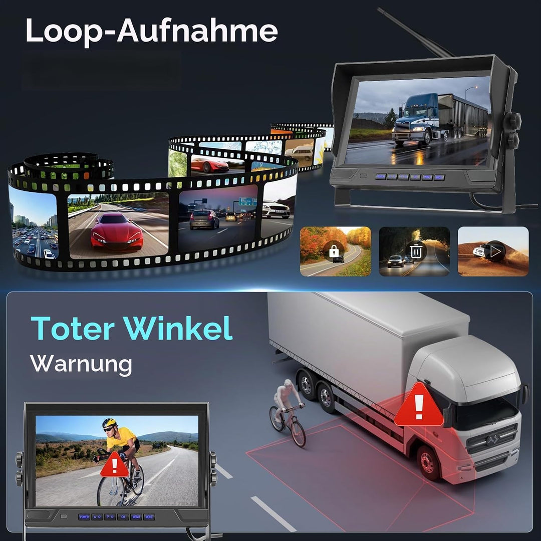 Hodozzy 9 Zoll IPS Monitor Digitales Kabellos Rückfahrkamera Set, mit Toter-Winkel-Warnung, Wasserdi